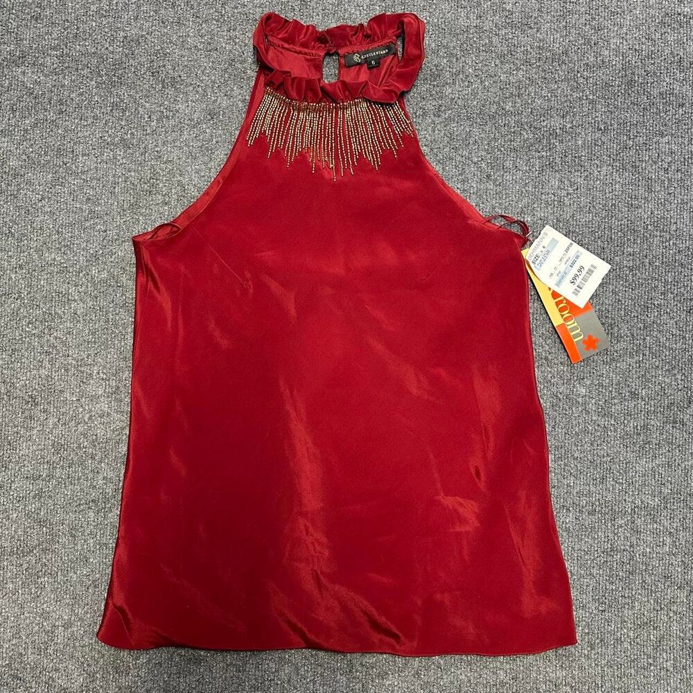 NEW Y2K CastleStarr Women’s Beaded Silk Blouse Ruffled High Neck Tank Top 6